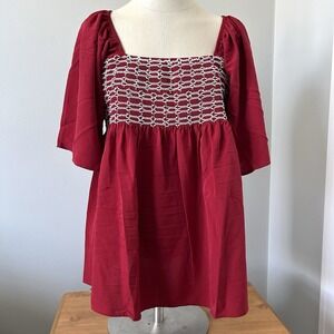 Women's Red Smocked Bodice Babydoll Blouse, Tie Back ~ Large - NWOT